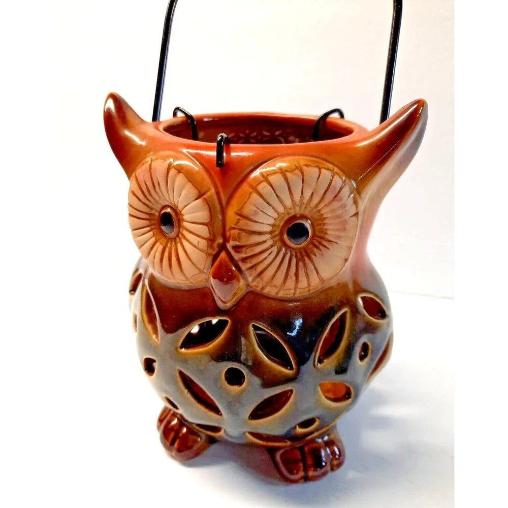 Rite Aid Home Owl Tealight Lantern & Metal Leaf Candle Holders Set Brown Orange